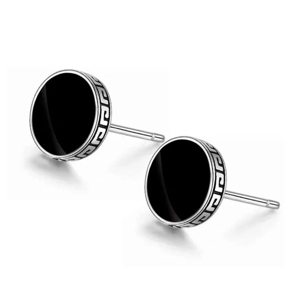 π 6mm Onyx Button Greek Style 18K White Gold Earring Studs π Hypoallergenic - Picture 1 of 8
